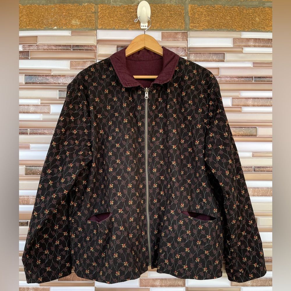 Flax Black Quilted Floral Reversable Jacket with Burgundy Collar and Trim